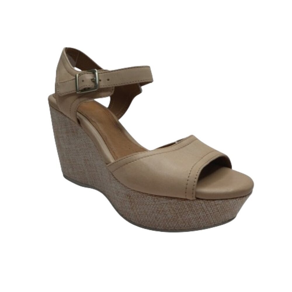 Clarks Nadine Lola Beige Leather Open Toe Wedge Heel Sandals Womens 7.5